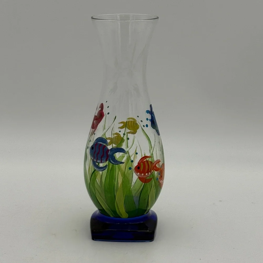 Hand Painted Tropical Fish Glass Vase Coastal Underwater Scene Blue Base 7.5